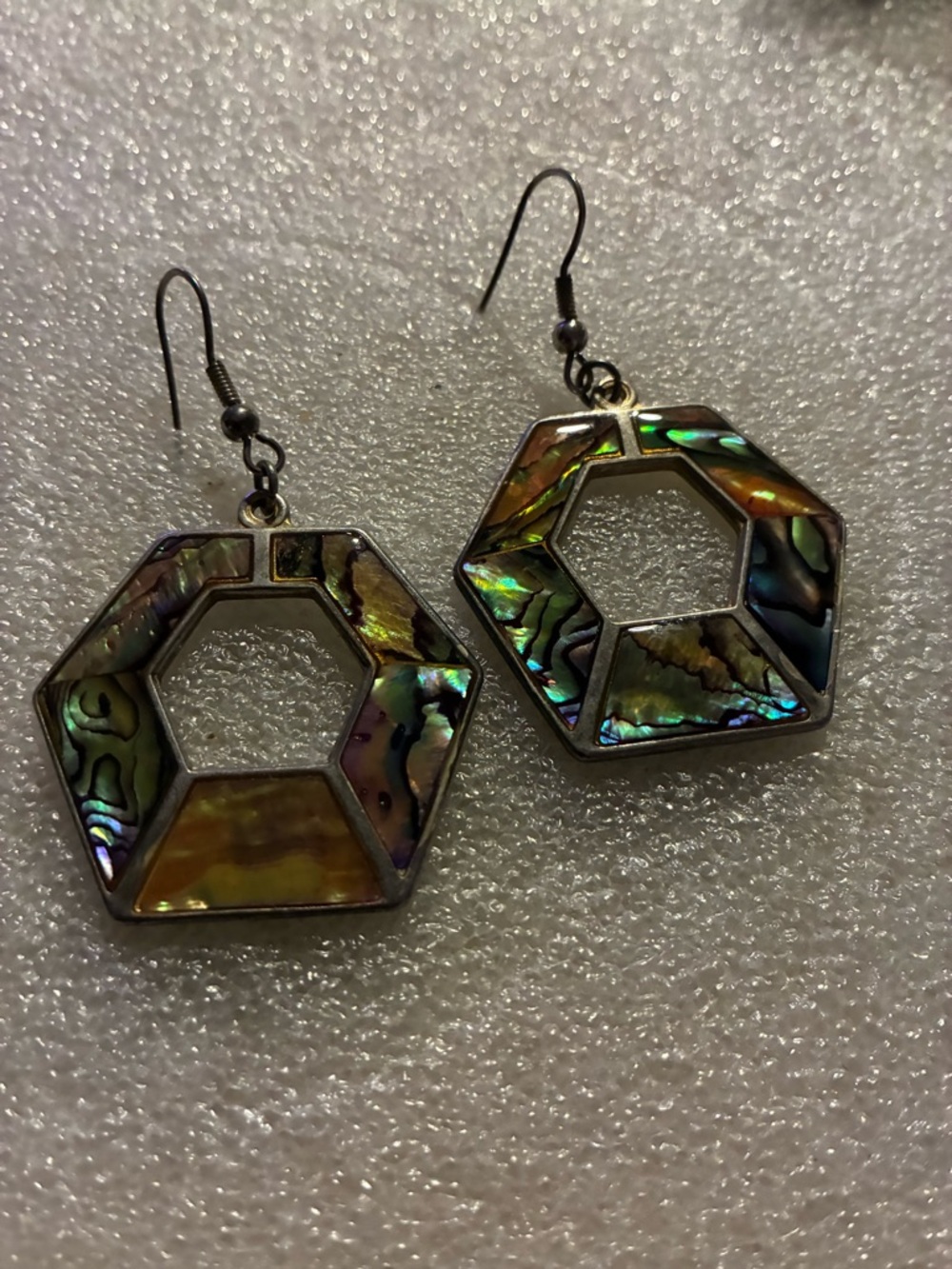 Hexagon Abalone Shell Drop Earrings - Iridescent Colors